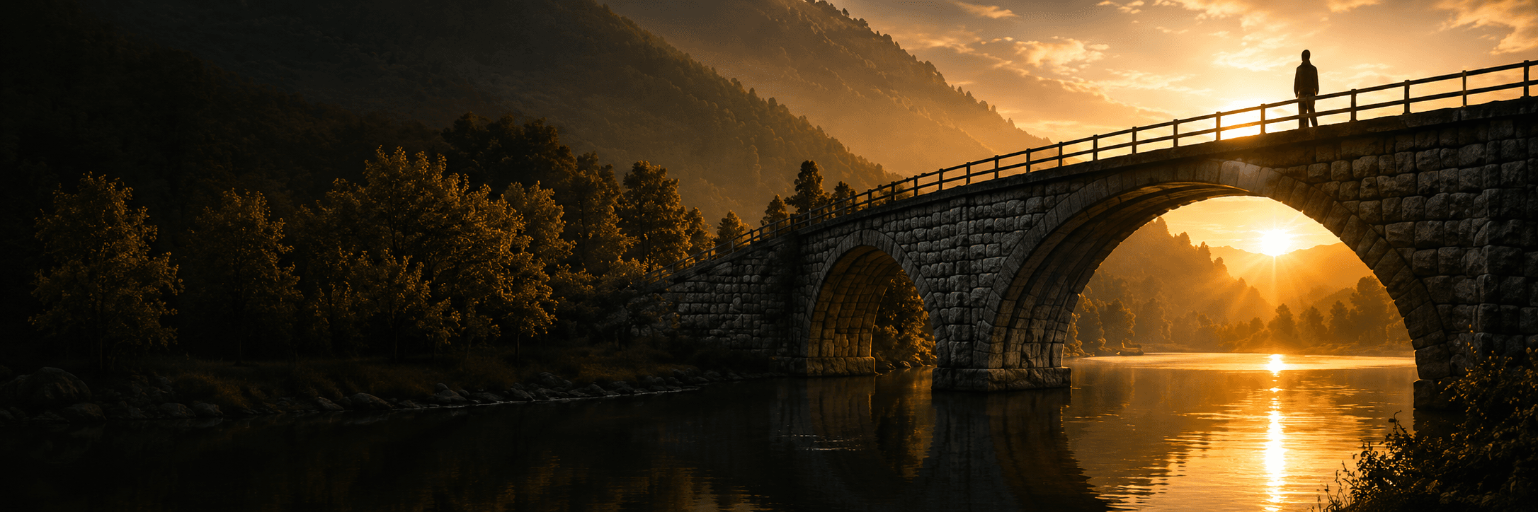Persona cruzando un puente de piedra sobre un río al atardecer, con el sol asomando bajo el arco